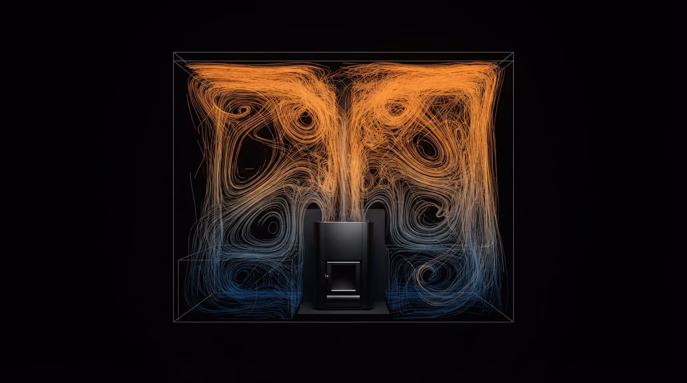 Схема конвекционного нагрева: потоки горячего воздуха от печи расслаиваются по высоте помещения